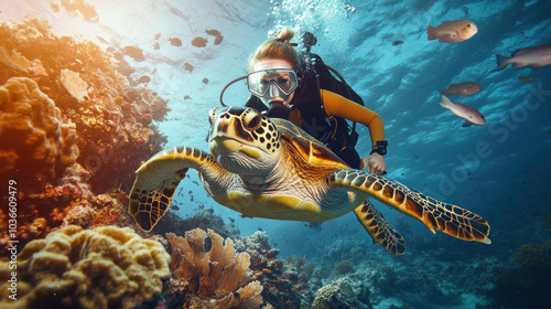 Diver and sea turtle exploring vibrant coral reef scene. photo