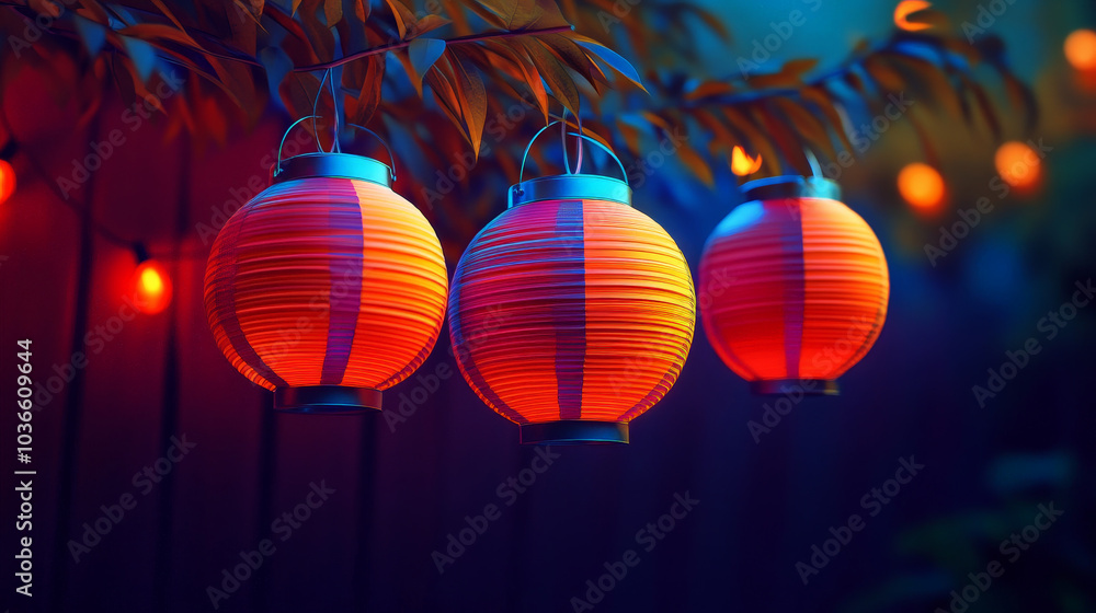 Fototapeta premium Indian Family Hanging Paper Lanterns Outdoors for Diwali Celebration at Home
