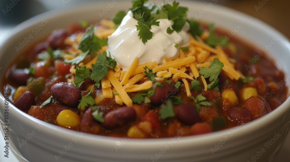 A hearty bowl of vegetarian chili loaded with beans, vegetables, and spices A hearty bowl of vegetarian chili loaded with beans, vegetables, and spices