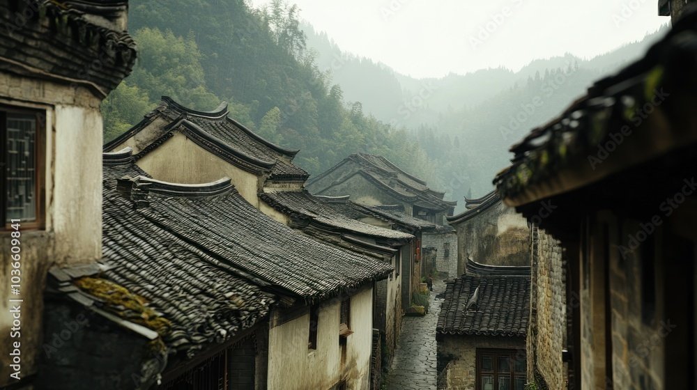 Obraz premium Narrow, cobblestone street lined with traditional Chinese houses with black tiled roofs, nestled in a misty, green mountain landscape.