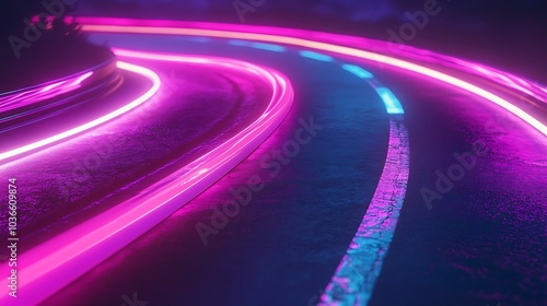 A winding futuristic highway featuring luminous neon light trails with electric blue pink and purple hues casting reflections on the smooth asphalt