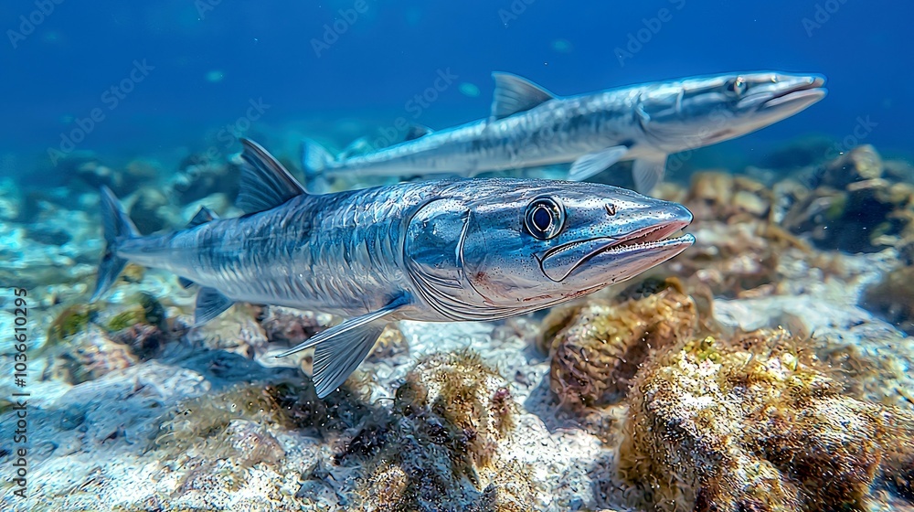 Fototapeta premium Two barracuda fish swimming near the ocean floor with a coral reef in the background.