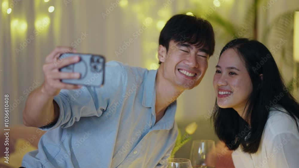 Young Southeast Asian couple taking selfie picture by smartphone drinking glass of wine at dinning room Young Southeast Asian couple taking selfie picture by smartphone drinking glass of wine at dinning room