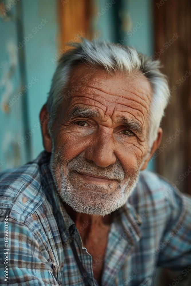Portrait of a Senior Man with a Gentle Smile in a Plaid Shirt Against a Rustic Background, Capturing Wisdom and Experience Portrait of a Senior Man with a Gentle Smile in a Plaid Shirt Against a Rustic Background, Capturing Wisdom and Experience