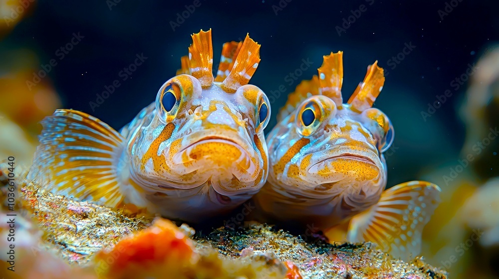 Two colorful fish with large eyes and spiky fins, looking directly at the camera in a close-up underwater shot. Two colorful fish with large eyes and spiky fins, looking directly at the camera in a close-up underwater shot.