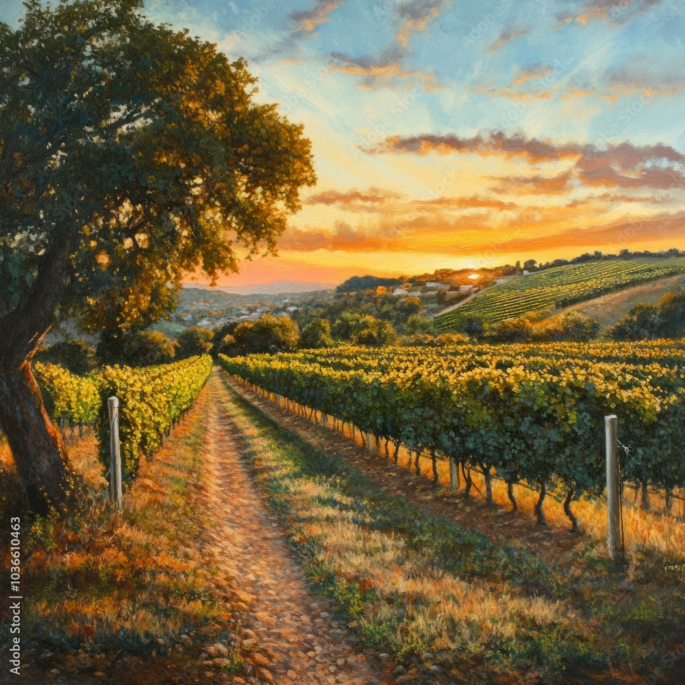 Naklejka premium Landscape with vineyard at sunset