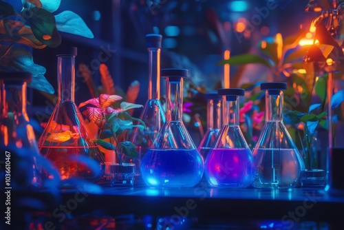 Colorful laboratory scene with glowing flasks and plants. Brightly lit glassware displays vibrant liquids. This artistic style blends science with creativity. Generative AI. photo