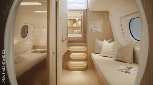 Modern interior design of a luxury yacht cabin with a bed, a sofa and a magazine.