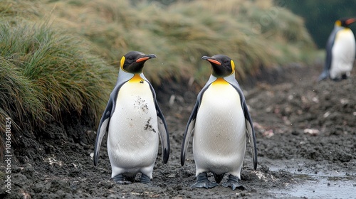 Two King penguins face each other on a rocky beach with others in the background.