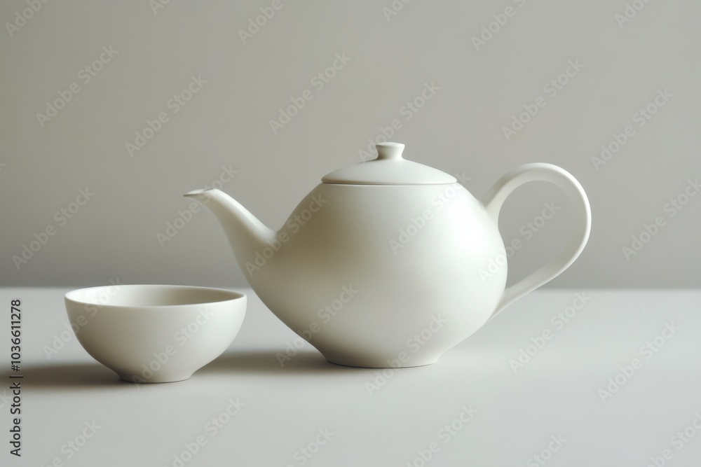 A simple, white tea kettle sits next to a matching cup, creating a tranquil atmosphere in a cozy indoor space. Generative AI A simple, white tea kettle sits next to a matching cup, creating a tranquil atmosphere in a cozy indoor space. Generative AI