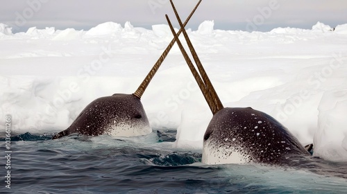 Two narwhals with tusks crossed, swimming in icy water, facing each other in a playful or combative manner. photo