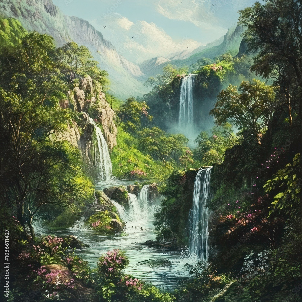 Fototapeta premium Lush green landscape with waterfalls