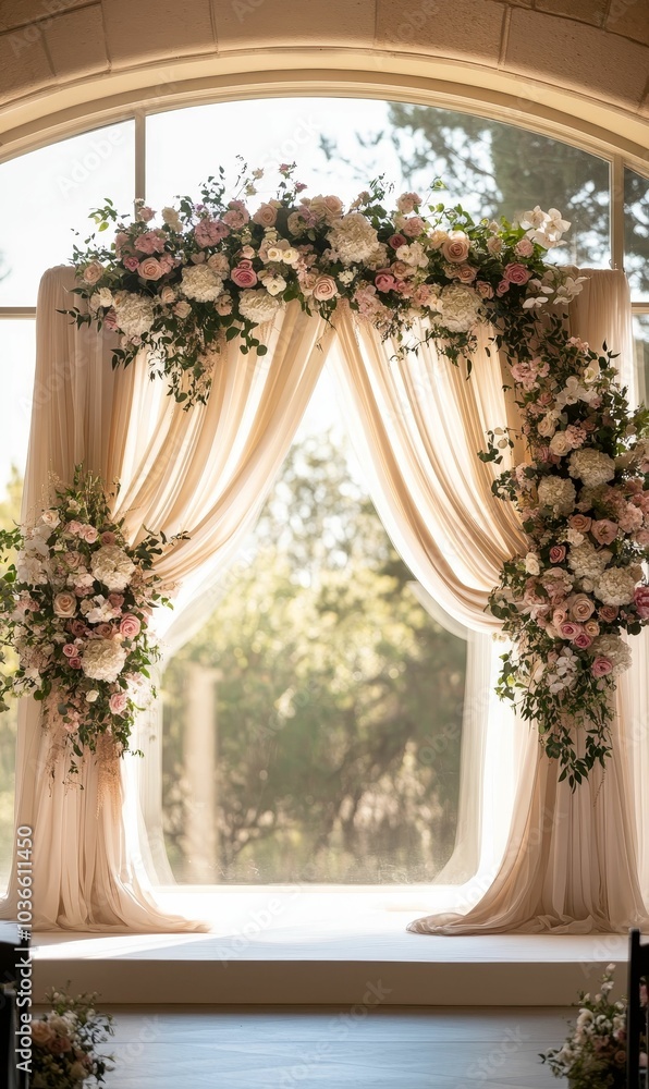 Floral wedding arch with cream curtains. Floral wedding arch with cream curtains.