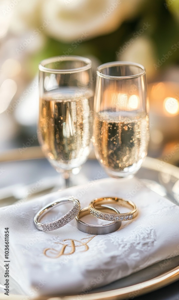 Two glasses of champagne and wedding rings.