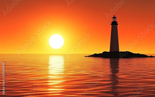 A serene sunset scene featuring a lighthouse silhouetted against a vibrant orange sky.