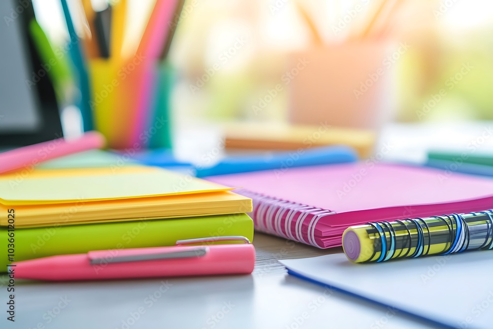 A vibrant collection of stationery for creative activities and organization on a workspace A vibrant collection of stationery for creative activities and organization on a workspace