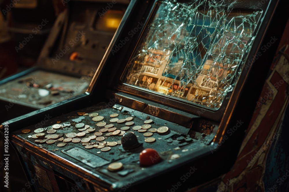 An abandoned arcade machine with a cracked screen and scattered coins. This vintage gaming scene evokes nostalgia and history in a retro style. Generative AI An abandoned arcade machine with a cracked screen and scattered coins. This vintage gaming scene evokes nostalgia and history in a retro style. Generative AI