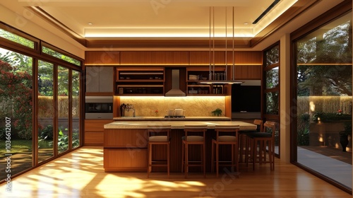 Wallpaper Mural Modern kitchen island with bar stools and large windows overlooking a garden. Torontodigital.ca