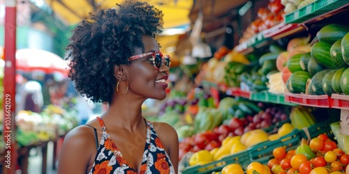 Fototapeta Naklejka Na Ścianę i Meble -  Lively Afro woman shopping for fresh produce at the market.