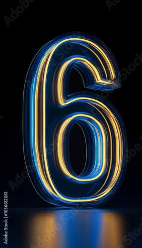 Number 6, Neon blue and gold glowing Number 6. 3D illustration with reflections on dark background