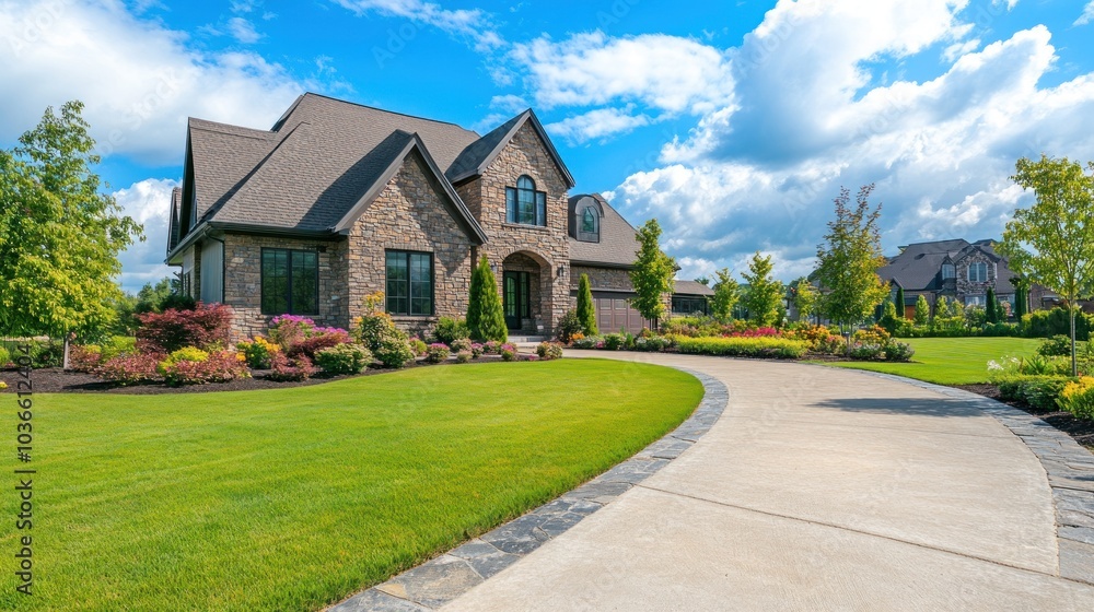 A large, stone house with a lush green lawn and a winding driveway. A large, stone house with a lush green lawn and a winding driveway.