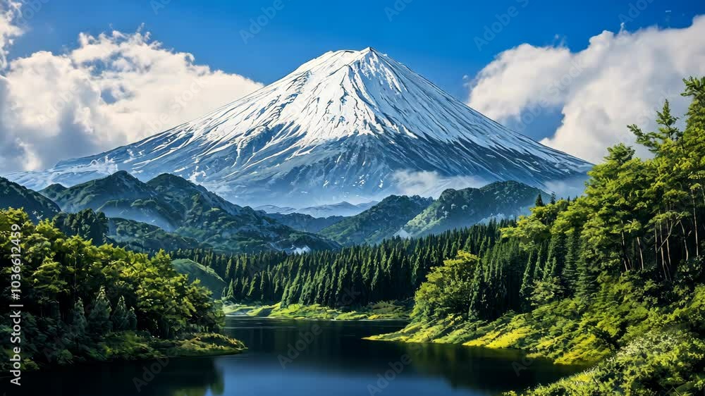 A snow-capped mountain peaks over a tranquil lake in Japan A snow-capped mountain peaks over a tranquil lake in Japan