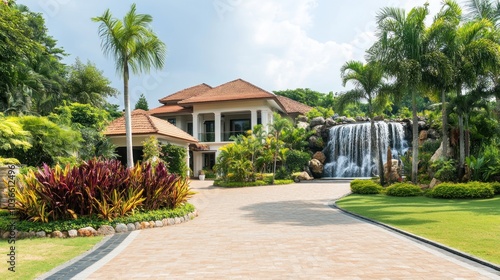 Luxury tropical villa with a waterfall and a lush garden.