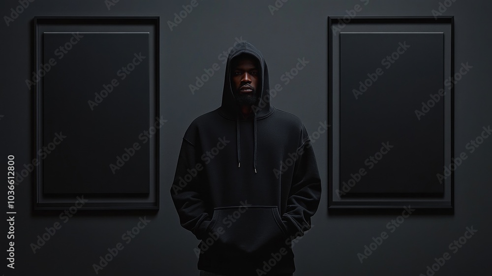 Hooded figure stares intensely, flanked by frames. Hooded figure stares intensely, flanked by frames.