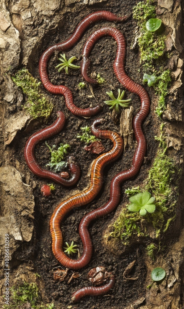Obraz premium Two red earthworms in a mossy forest.