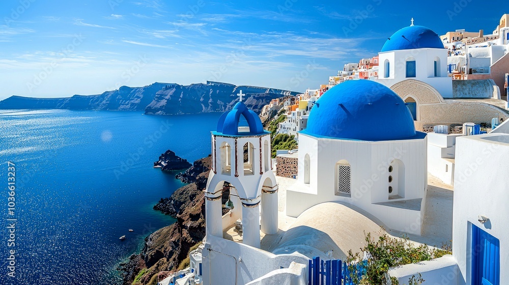 Fototapeta premium Whitewashed church with blue domes overlooking the Aegean Sea in Santorini, Greece.