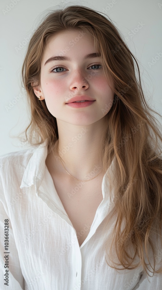 Portrait of a Young Woman with Long Hair in a White Shirt Portrait of a Young Woman with Long Hair in a White Shirt