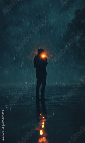 Silhouette of person in rain with flashlight. photo