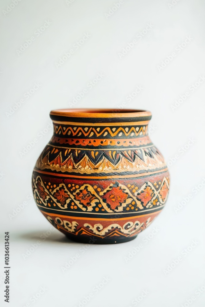 A small ornate handcrafted pot vividly captured against a white backdrop, emphasizing its intricate patterns. A small ornate handcrafted pot vividly captured against a white backdrop, emphasizing its intricate patterns.