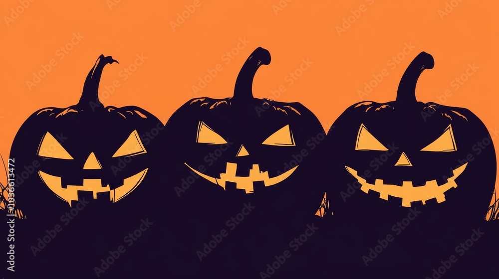 Three pumpkins with their mouths open and eyes wide, with a dark background Three pumpkins with their mouths open and eyes wide, with a dark background