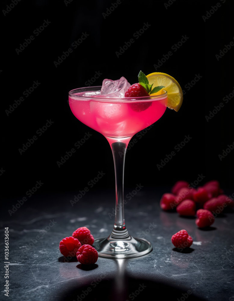 pink cocktail with raspberries on a black background, illuminated by hard spotlight light pink cocktail with raspberries on a black background, illuminated by hard spotlight light