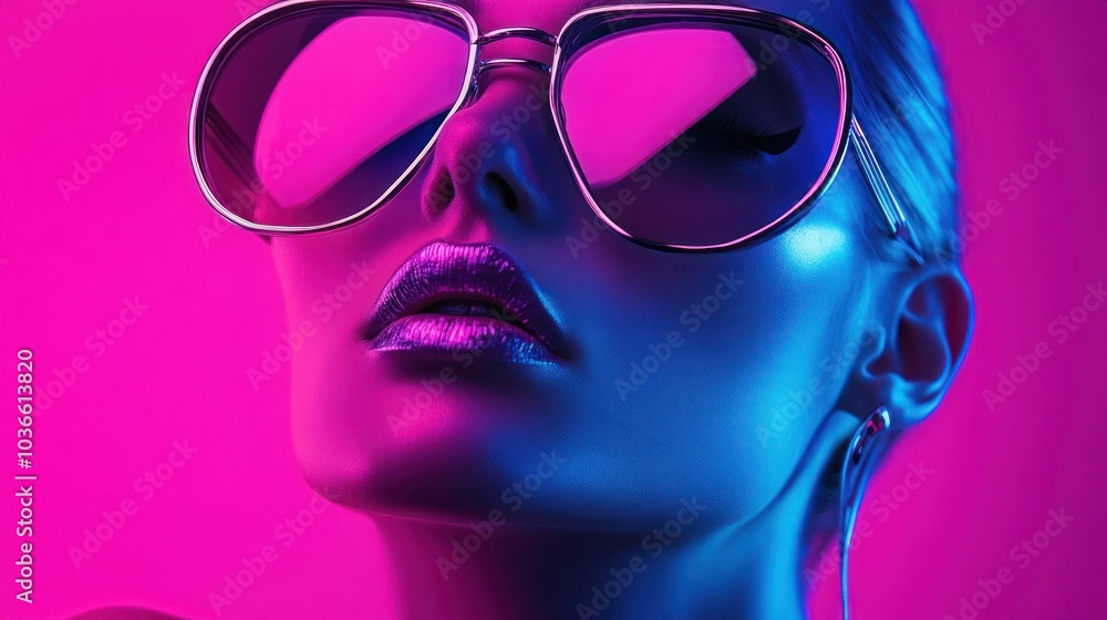 Stylish woman with sunglasses in neon pink and blue Stylish woman with sunglasses in neon pink and blue