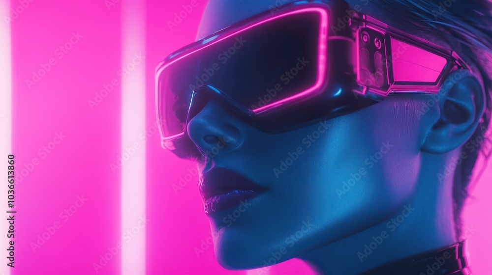 Futuristic woman wearing virtual reality goggles glow Futuristic woman wearing virtual reality goggles glow