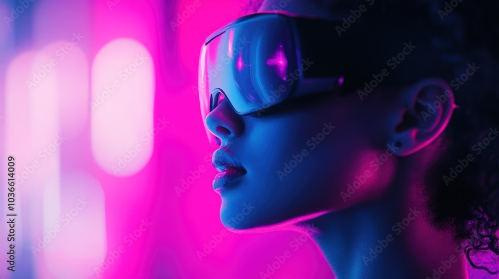 Profile of a woman in glossy futuristic eyewear Profile of a woman in glossy futuristic eyewear