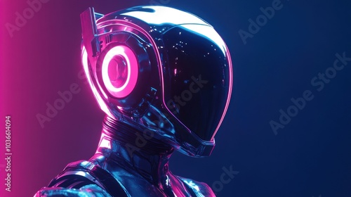 High-tech helmeted robot in neon-lit cyber landscape