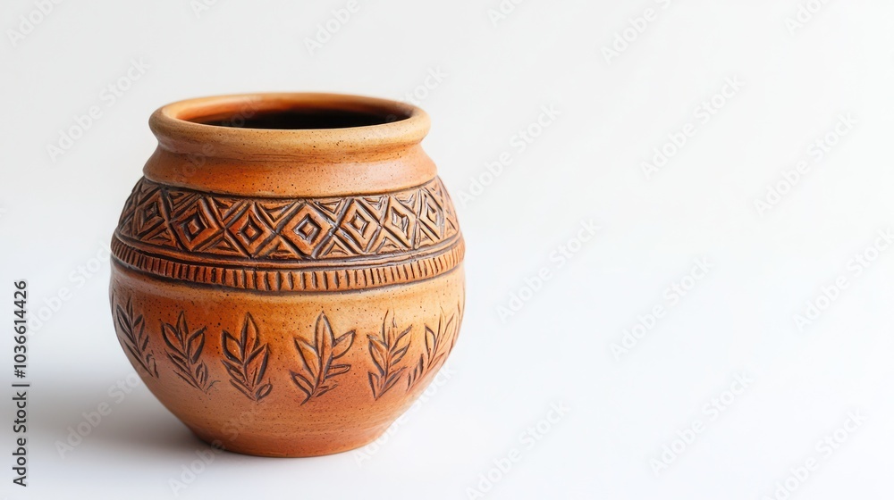 An intricately crafted small Mexican ceramic pot on white, emphasizing its details. An intricately crafted small Mexican ceramic pot on white, emphasizing its details.