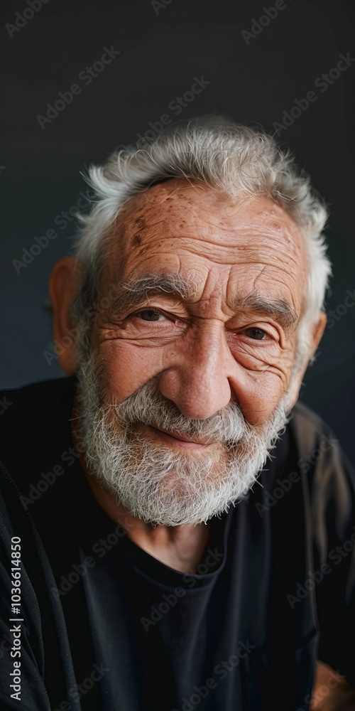 Portrait of a Smiling Elderly Man with a Beard Against a Dark Background Portrait of a Smiling Elderly Man with a Beard Against a Dark Background