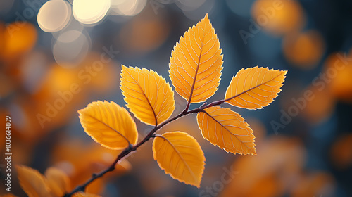 Yellow autumn leaf close-up. With a blurred bokeh background, a bright orange tree changes.