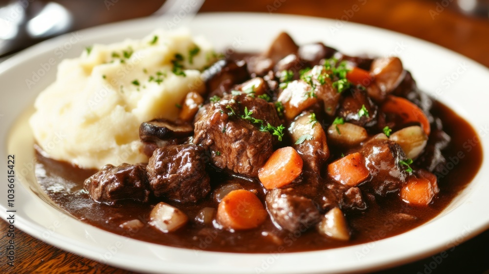 A hearty plate of beef bourguignon with tender beef chunks, carrots, mushrooms A hearty plate of beef bourguignon with tender beef chunks, carrots, mushrooms