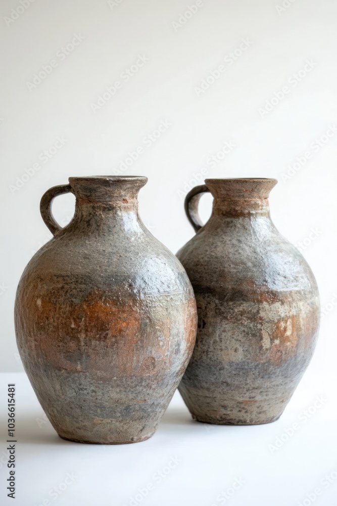 A duo of pottery items on a pristine white surface, showcasing their symmetry and craftsmanship. A duo of pottery items on a pristine white surface, showcasing their symmetry and craftsmanship.