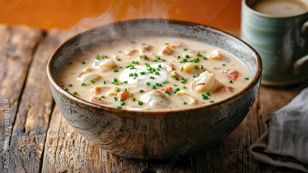A bowl of creamy soup with seafood and chopped chives garnished with sour cream on a wooden table, a cup of coffee in the background. A bowl of creamy soup with seafood and chopped chives garnished with sour cream on a wooden table, a cup of coffee in the background.