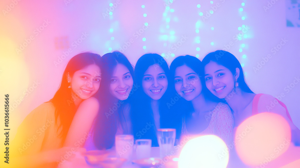 Diwali Celebration Indoors: Indian Friends Posing with a Festive Backdrop Diwali Celebration Indoors: Indian Friends Posing with a Festive Backdrop