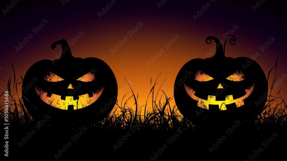 Two pumpkins with their mouths open and eyes glowing in the dark Two pumpkins with their mouths open and eyes glowing in the dark