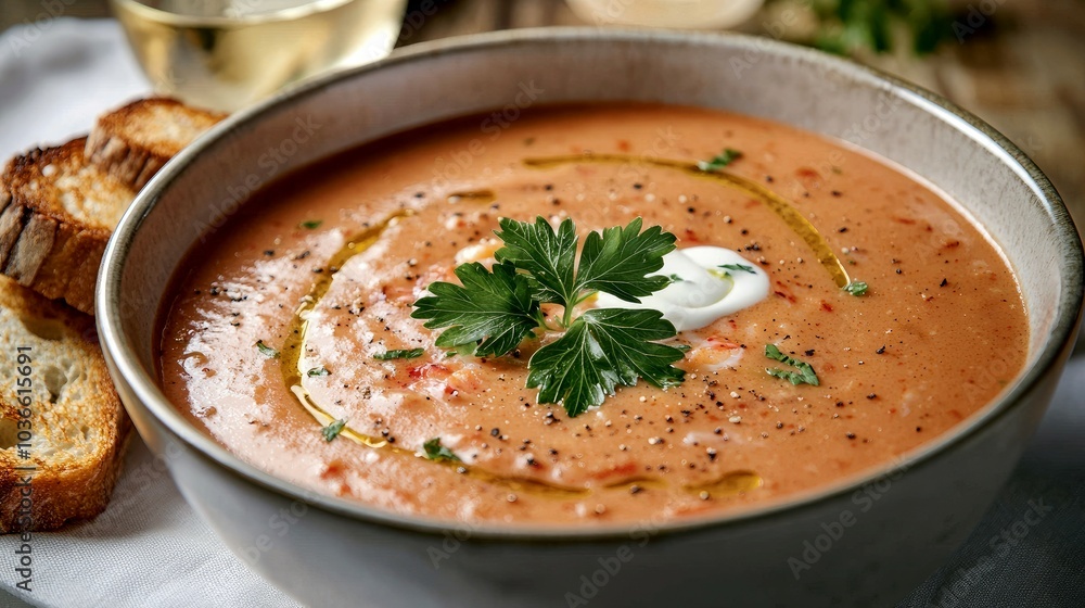 A bowl of creamy tomato soup garnished with parsley, a swirl of cream, and a drizzle of olive oil, served with toasted bread. A bowl of creamy tomato soup garnished with parsley, a swirl of cream, and a drizzle of olive oil, served with toasted bread.