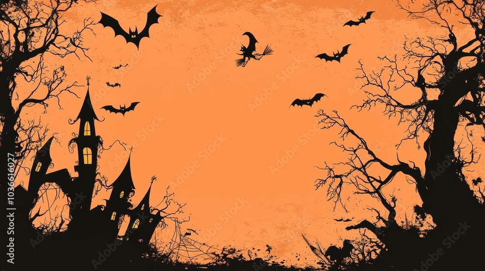 A Halloween scene with a witch flying a broom and bats flying in the background A Halloween scene with a witch flying a broom and bats flying in the background