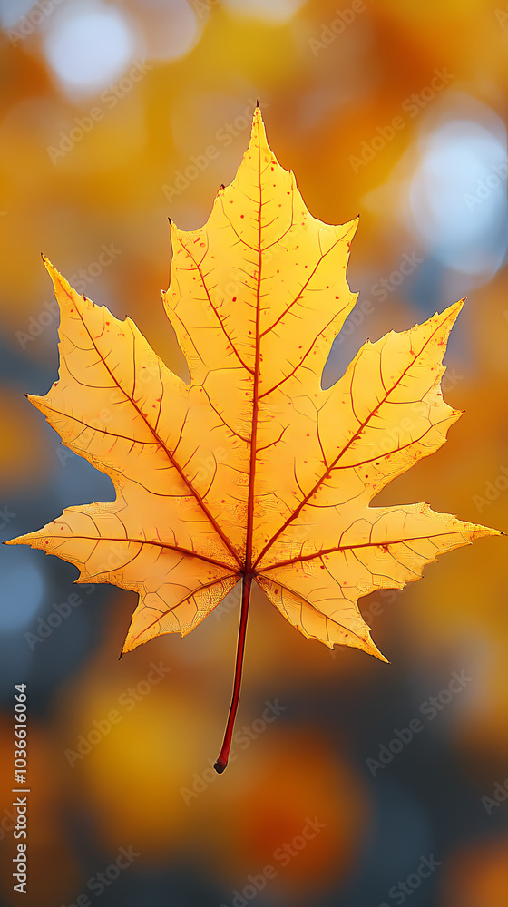 Obraz premium Yellow autumn leaf close-up. With a blurred bokeh background, a bright orange tree changes.